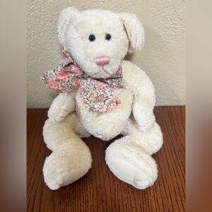 Boyd’s Bear Collection cream bear with floral bow and pink stitching vintage
